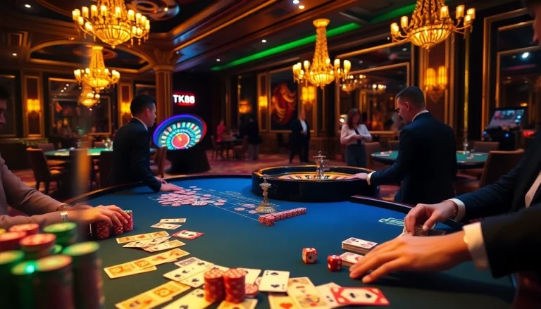 Engage with the TK88 gaming table filled with vibrant cards and chips in a luxurious casino setting.