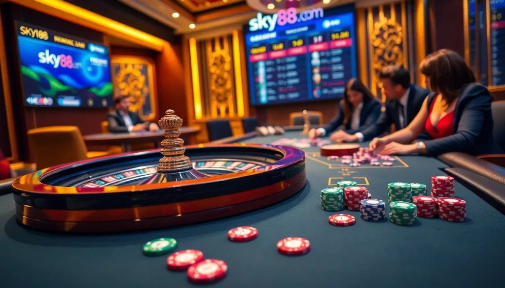 Experience thrilling gameplay at sky88.com with vibrant poker chips and a roulette wheel.