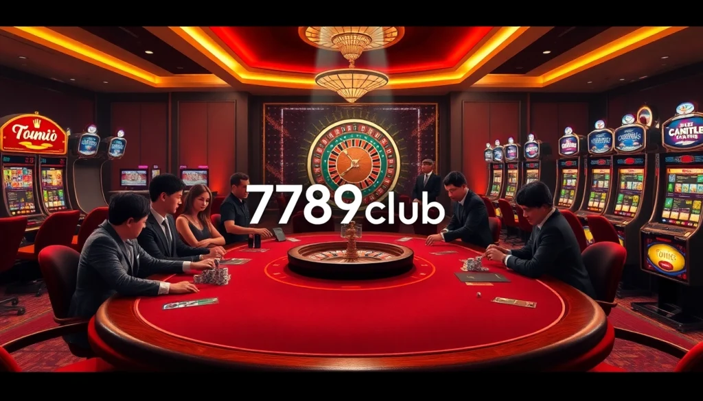 A dynamic scene of players enjoying games at 789club's luxurious gaming table, showcasing roulette and poker.