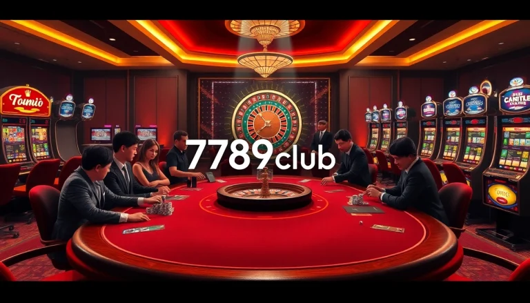 A dynamic scene of players enjoying games at 789club's luxurious gaming table, showcasing roulette and poker.