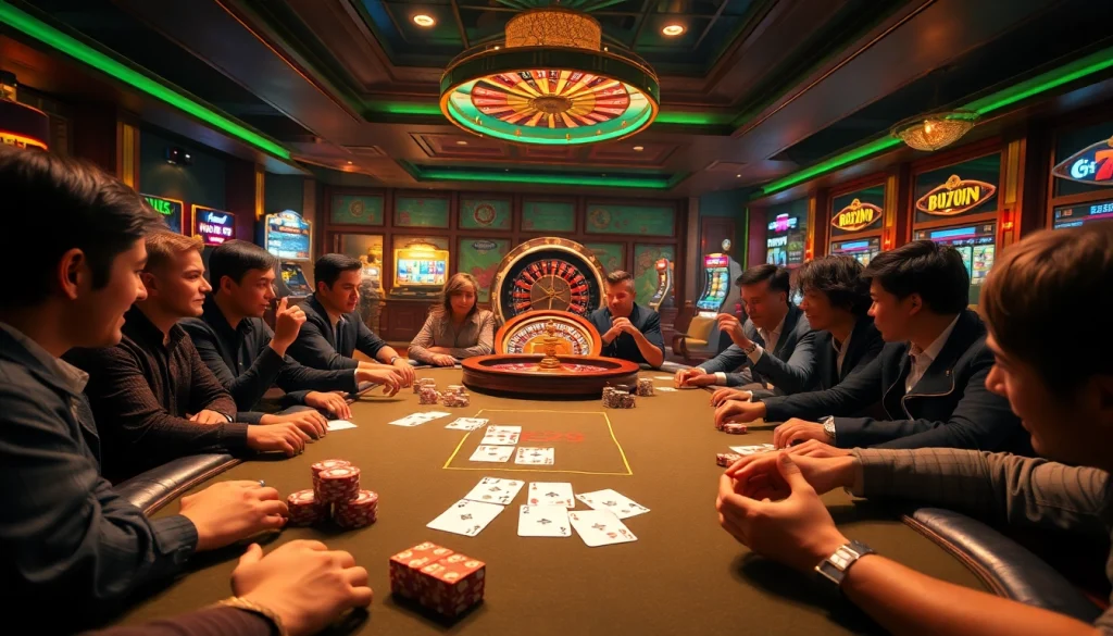 Players engaging in a thrilling FLY88 Đăng kí experience at a luxurious poker table with vibrant chips and cards.