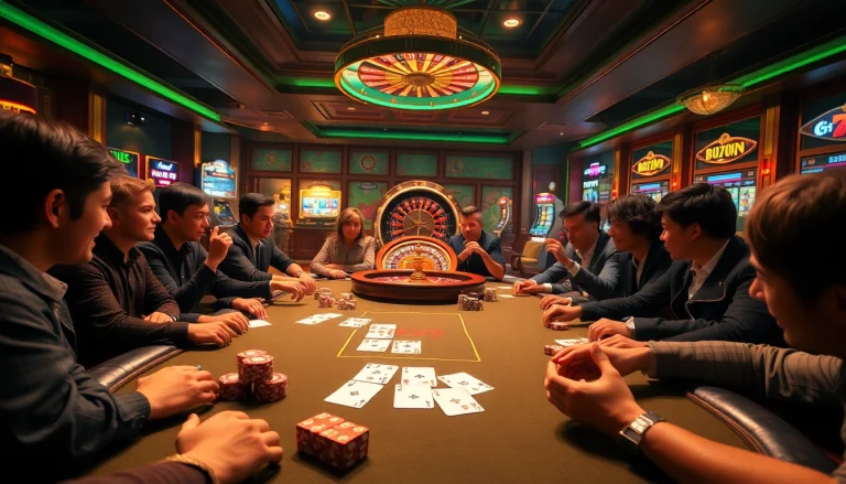Players engaging in a thrilling FLY88 Đăng kí experience at a luxurious poker table with vibrant chips and cards.