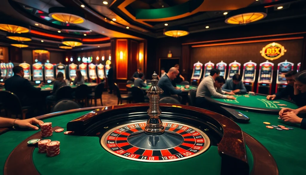 B52-themed roulette wheel attracting gamblers in a luxurious casino setting.