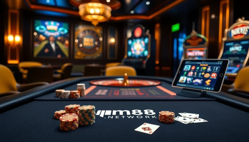 An exciting casino scene featuring the hm88.network logo on a gaming table surrounded by poker chips and cards.