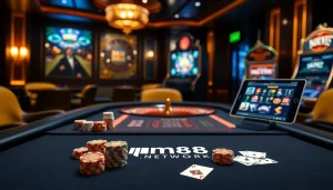 An exciting casino scene featuring the hm88.network logo on a gaming table surrounded by poker chips and cards.