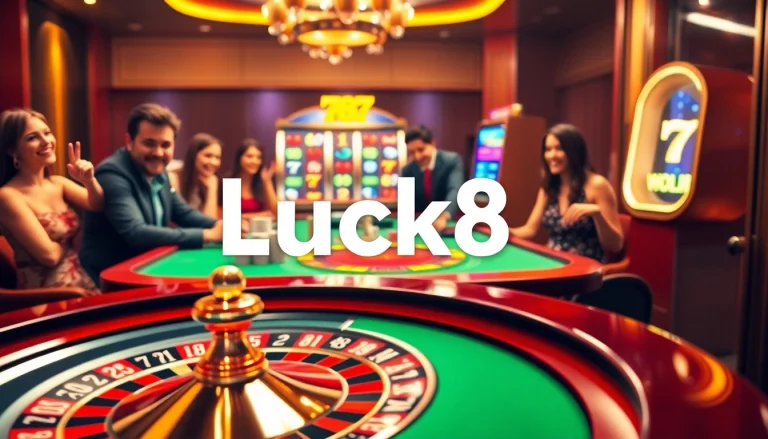 Players enjoy a vibrant Luck8 casino scene with roulette table and slot machine excitement.