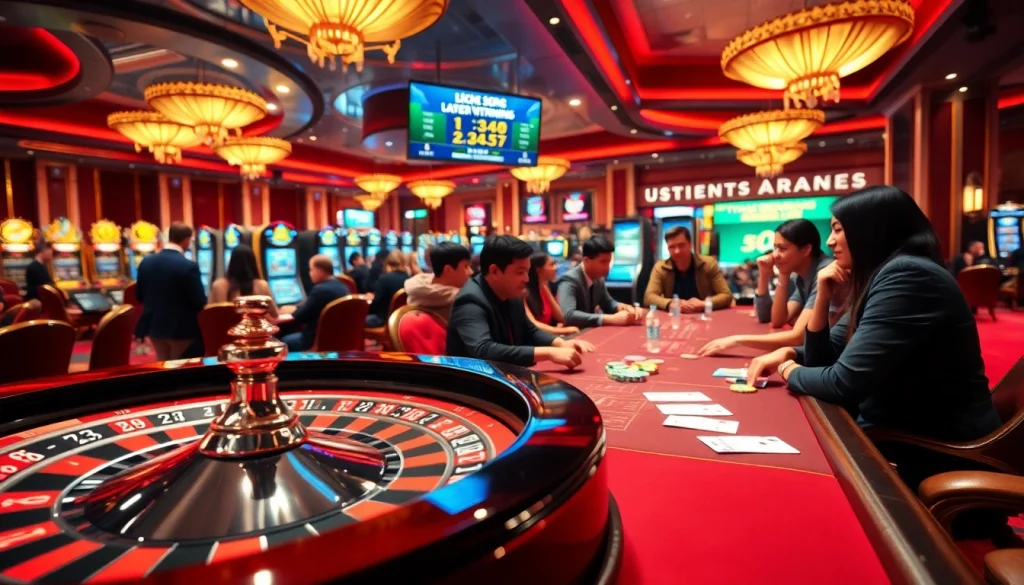 A vibrant casino scene showcasing roulette and poker tables with players enjoying their time at https://uu88games.com/.
