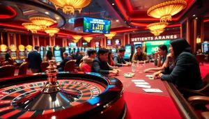 A vibrant casino scene showcasing roulette and poker tables with players enjoying their time at https://uu88games.com/.