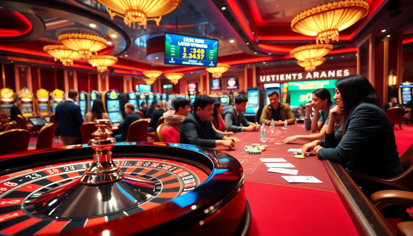 A vibrant casino scene showcasing roulette and poker tables with players enjoying their time at https://uu88games.com/.