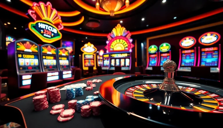 Experience the excitement of HITCLUB at a vibrant online casino, complete with tables and slot machines.