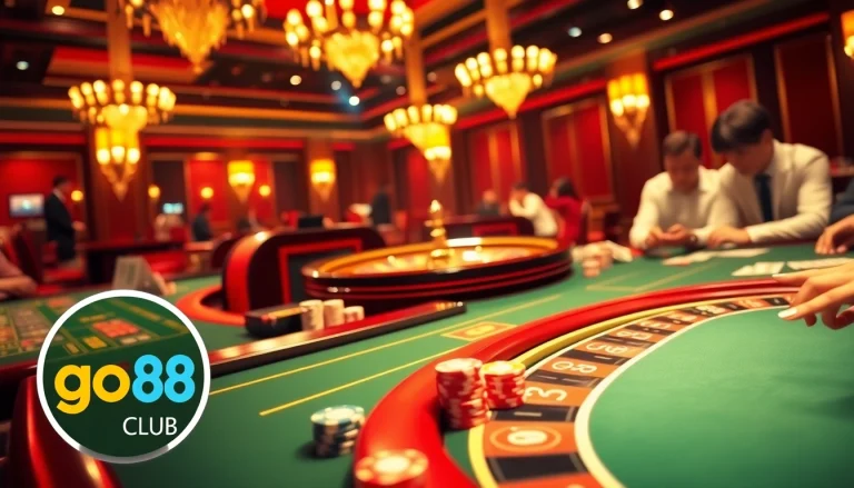 Experience excitement at the go 88 club with vibrant casino tables and players engaging in high-stakes gambling.