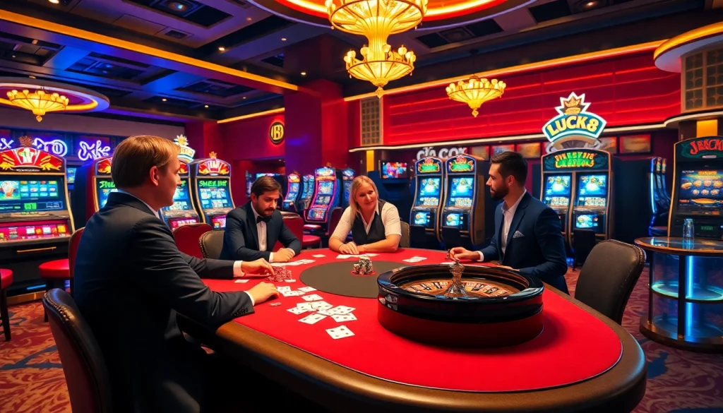 Những người chơi cá cược đang lên chiến lược tại bàn poker ở https://luck8.com trong một khu casino sang trọng.