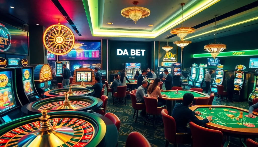 Engaging gambling scene featuring DA BET, showcasing roulette, poker tables, and excited players.