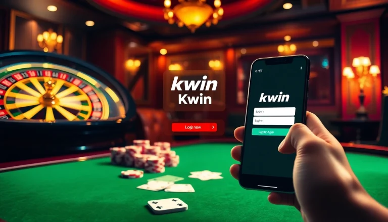 Log in to Kwin for an exciting online gambling experience with a luxurious casino backdrop.