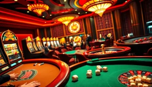 EEJL gaming vibrant casino scene featuring poker tables, slot machines, and roulette wheels.