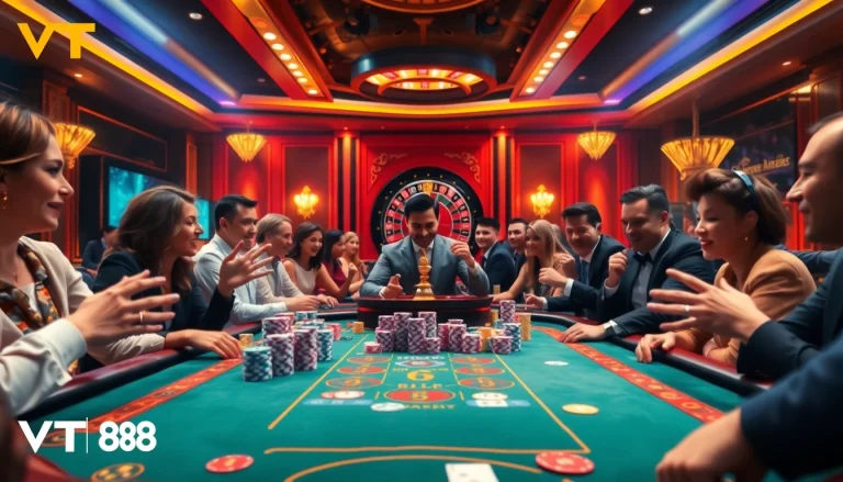 Experience high-stakes excitement with VT 88 at a luxurious casino poker table.