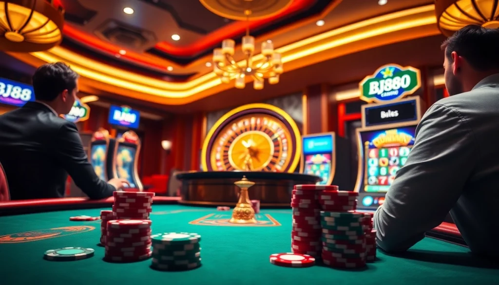 Experience the excitement of BJ88 nhà cái casino with vibrant poker chips and a roulette wheel.