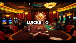 Người chơi đang lên kế hoạch chiến thuật tại bàn poker của LUCK8, được chiếu sáng bởi ánh đèn sòng bạc sang trọng, với những quân chip sặc sỡ và bánh xe roulette.