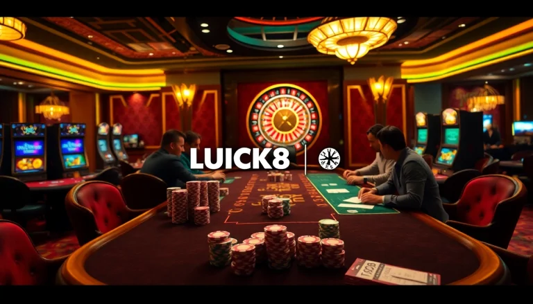 Người chơi đang lên kế hoạch chiến thuật tại bàn poker của LUCK8, được chiếu sáng bởi ánh đèn sòng bạc sang trọng, với những quân chip sặc sỡ và bánh xe roulette.