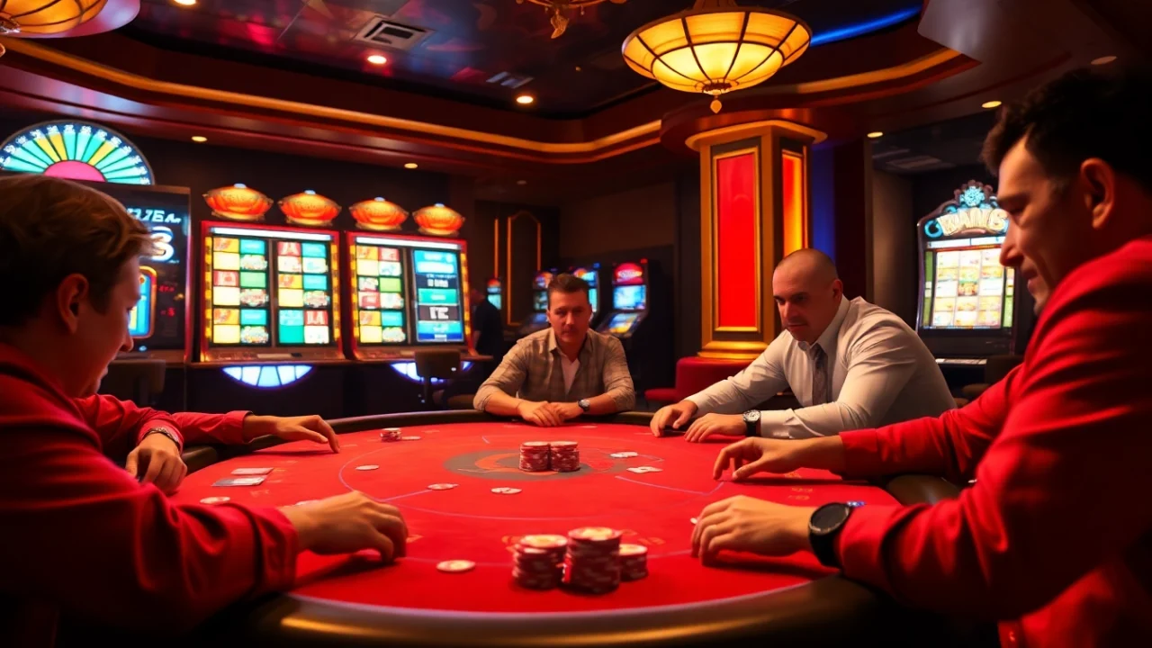 Players in a high-stakes poker game at ABC8-themed luxury casino tables, showcasing excitement and strategy.