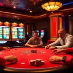 Players in a high-stakes poker game at ABC8-themed luxury casino tables, showcasing excitement and strategy.