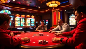 Players in a high-stakes poker game at ABC8-themed luxury casino tables, showcasing excitement and strategy.