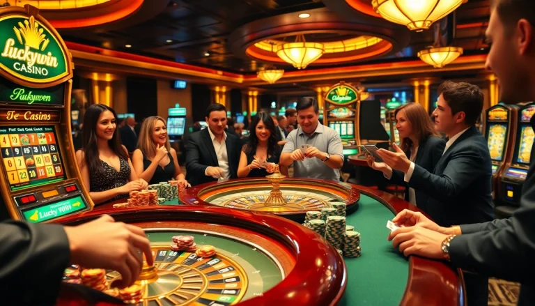 Players celebrating high stakes at Luckywin casino with vibrant slot machines and roulette.