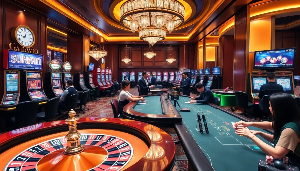 Experience the thrill of gambling at SUNWIN's luxurious casino with roulette and poker tables.