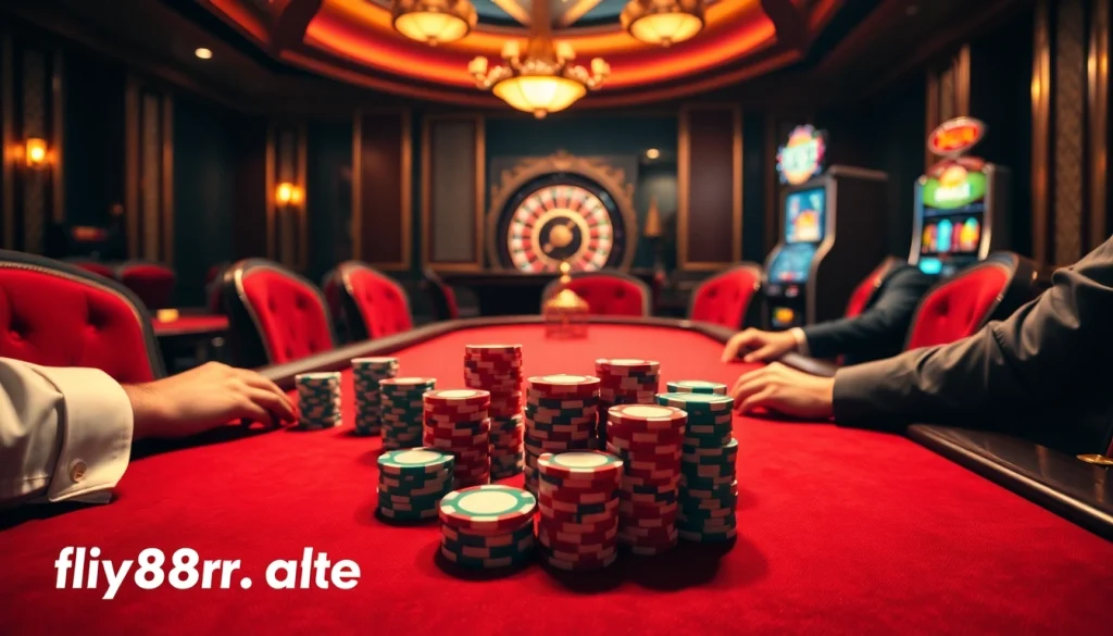Exciting poker game at fly88r.net with colorful chips and a spinning roulette wheel.
