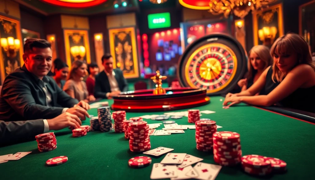 Action-packed scene of players engaging in New888 poker with vibrant casino elements.