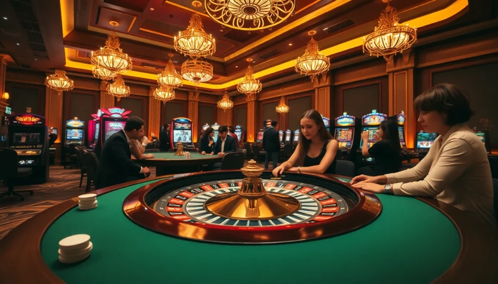 Experience high-stakes excitement at rikvip.gb.net with vivid casino scenes featuring roulette and poker games.