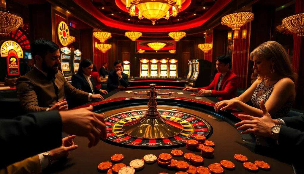 Players engaging in high-stakes excitement at the okking casino roulette table, filled with lively poker chips and thrilling action.