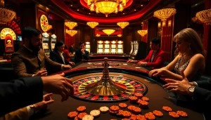 Players engaging in high-stakes excitement at the okking casino roulette table, filled with lively poker chips and thrilling action.