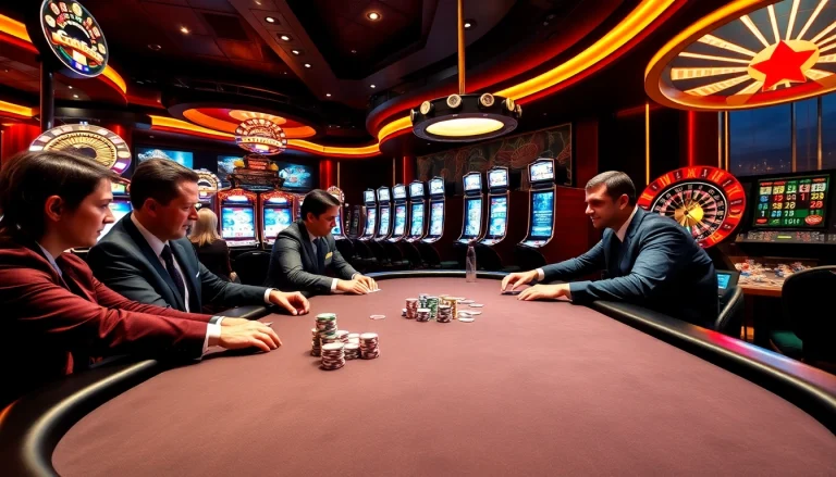 Engaging poker players at a vibrant casino table with https://ski10.org/ showcasing excitement.