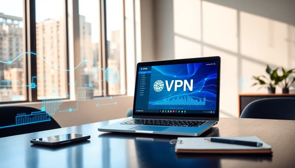 专业工作区中现代笔记本电脑上的快连VPN界面