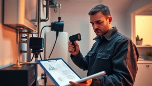 Technician using power flush equipment for leak detection in a home heating system.