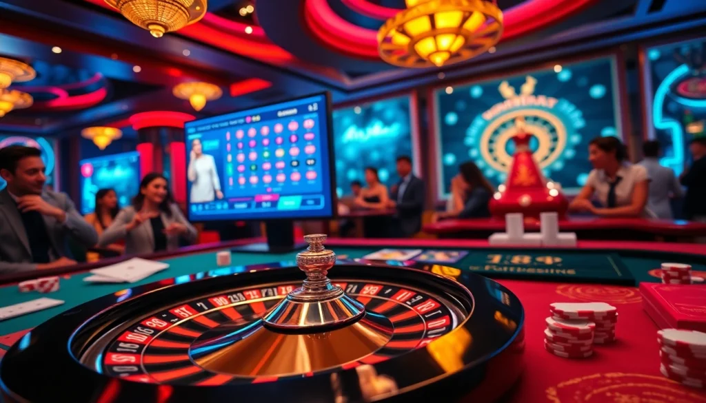 Experience the thrill of 8kbet with a vibrant casino scene featuring roulette, poker chips, and online gaming excitement.