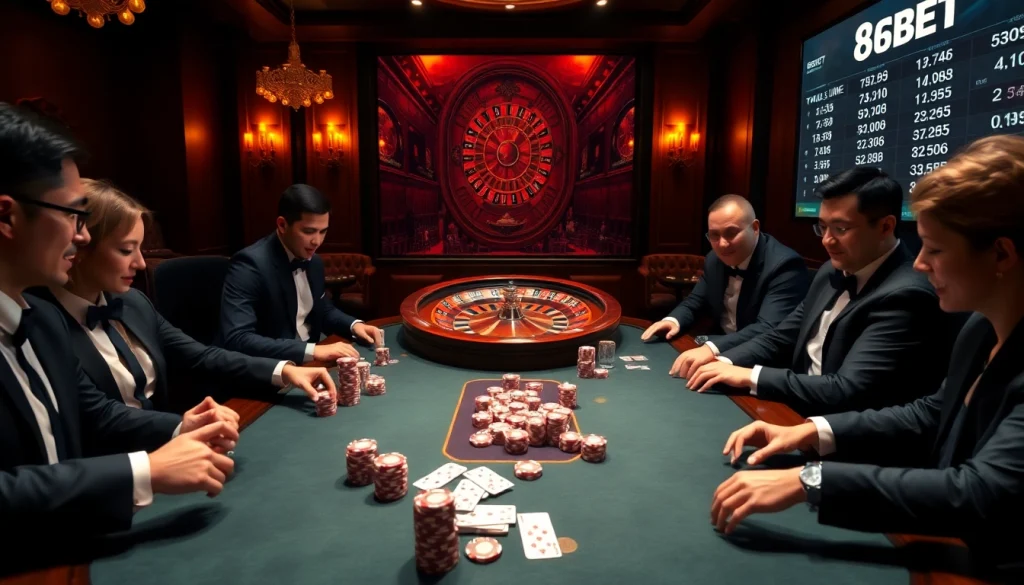 Players engaging in a thrilling poker game at 8KBET's luxurious casino table amidst a vibrant atmosphere.
