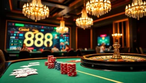 Excited players winning at the luxurious casino table at 888vi, showcasing vibrant poker chips and cards.