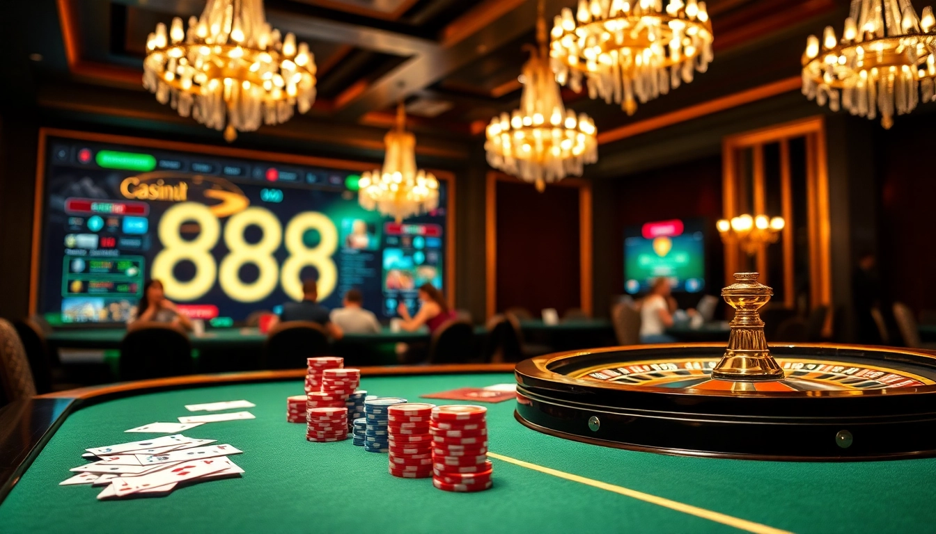 Excited players winning at the luxurious casino table at 888vi, showcasing vibrant poker chips and cards.