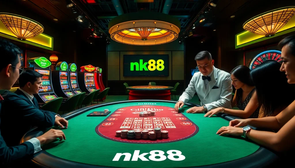 Engaged players at a luxury poker table with nk88 branding, showcasing vibrant casino excitement.