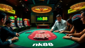 Engaged players at a luxury poker table with nk88 branding, showcasing vibrant casino excitement.