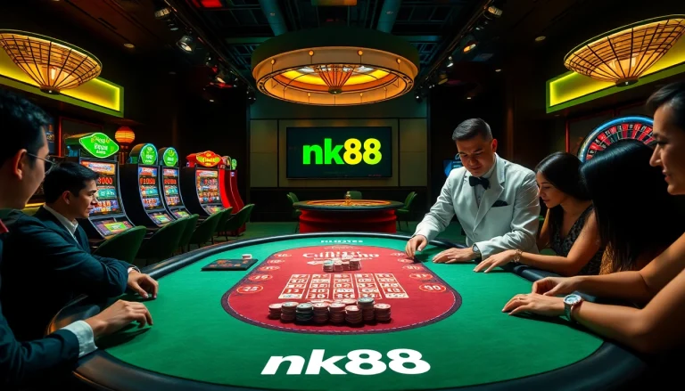 Engaged players at a luxury poker table with nk88 branding, showcasing vibrant casino excitement.