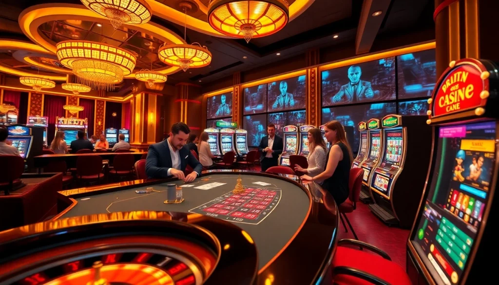 Players engaging with advanced gambling features at 28bet in a luxurious casino setting.