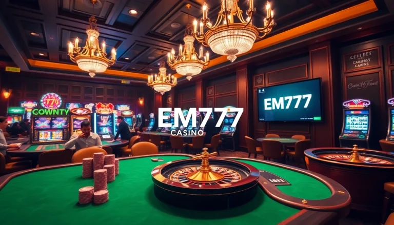 Experience thrilling gameplay at https://em777.live/ in a luxurious casino atmosphere with vibrant slot machines and exciting tables.