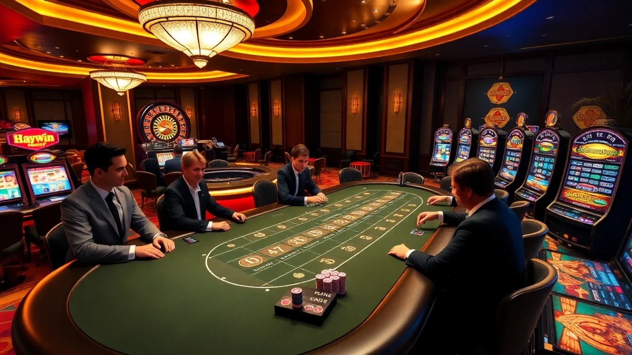 An engaging gambling scene at 1haywin.us.com featuring professional dealers at a blackjack table and vibrant slot machines.
