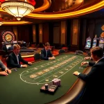 An engaging gambling scene at 1haywin.us.com featuring professional dealers at a blackjack table and vibrant slot machines.
