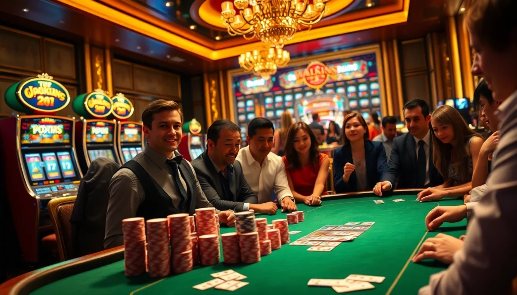 A vibrant scene of high-stakes gambling at MK8 casino with poker chips, cards, and slot machines showcasing excitement and luxury.