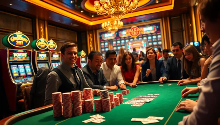 A vibrant scene of high-stakes gambling at MK8 casino with poker chips, cards, and slot machines showcasing excitement and luxury.