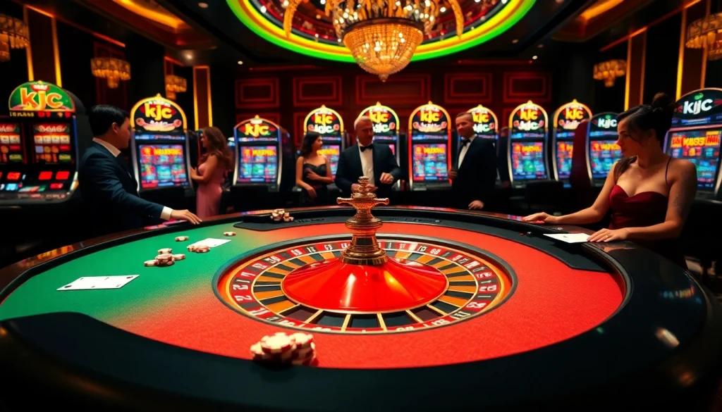KJC casino experience with engaged players at a deluxe roulette table and vibrant slot machines.
